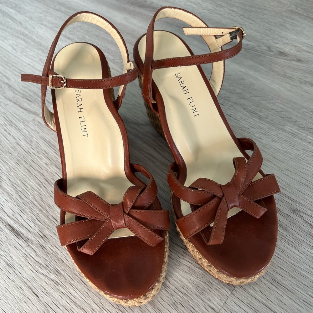 Sarah Flint Mirjana Wedge 38.5 Saddle Vachetta & Raffia